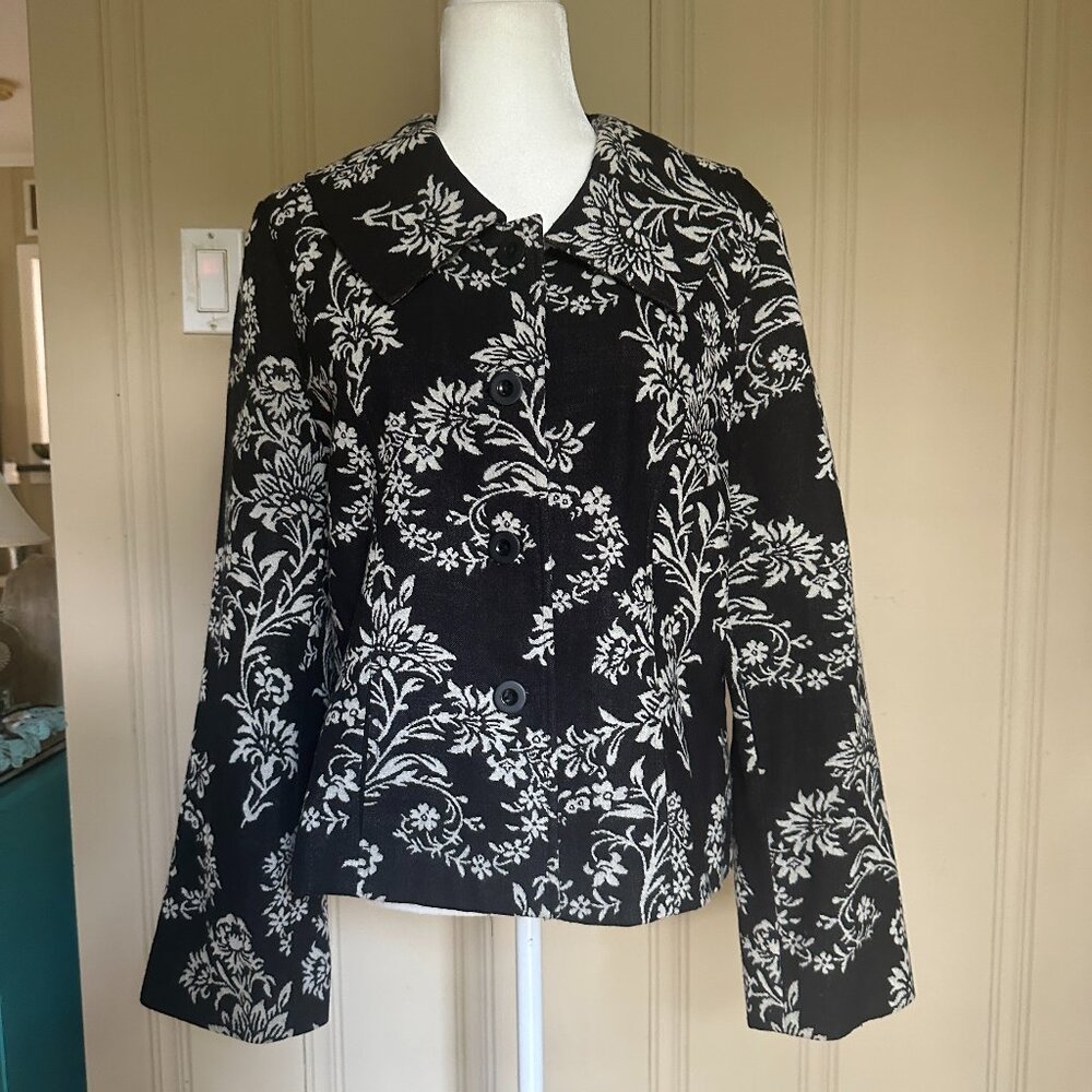 Pendleton 100% Virgin Wool Blazer Jacket Short Black White Floral sz 14